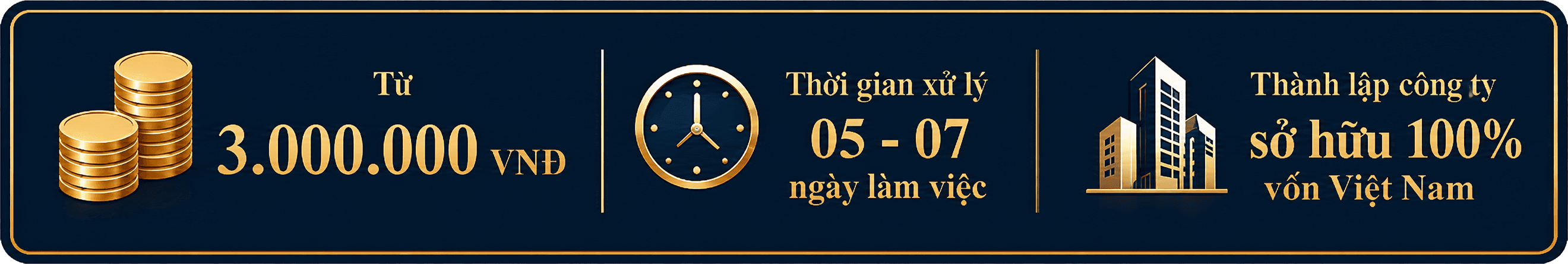 Chi phí dịch vụ từ 3.000.000 VNĐ, thời gian xử lý 05 - 07 ngày làm việc, thành lập công ty sở hữu 100% vốn Việt Nam